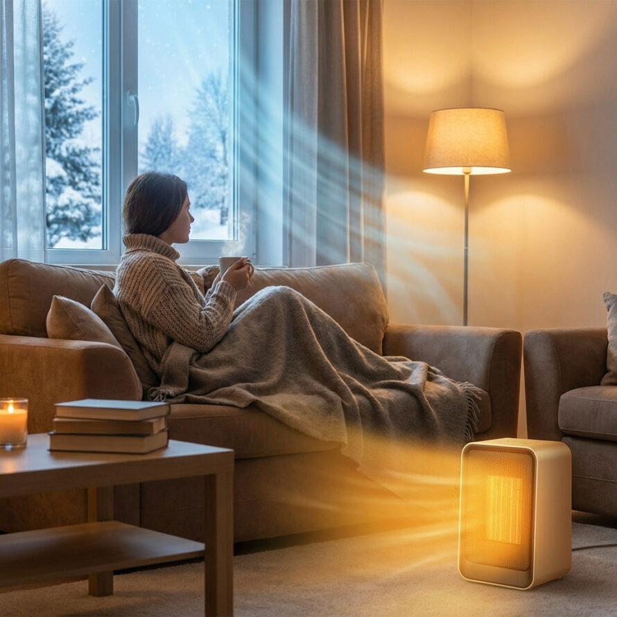 Persoon zit ontspannen op een bank met een deken, terwijl warm licht een winterse kamer met raam verlicht.