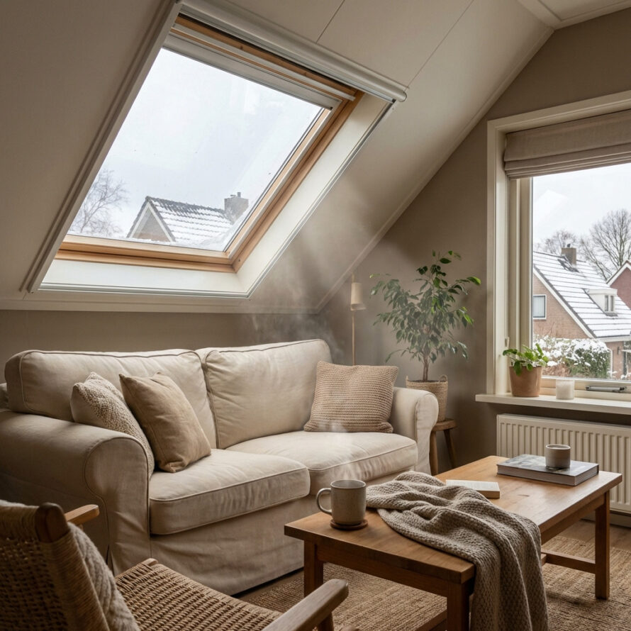 Woonkamer met dakraam en plexiglas voorzetraam onder de lichtkoepel, een betaalbare oplossing om lichtkoepels beter te isoleren.