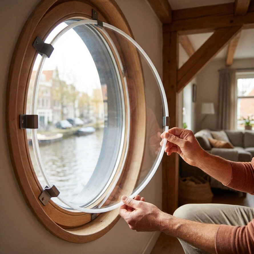 Stap-voor-stap montage van een rond plexiglas voorzetraam voor betere woningisolatie.