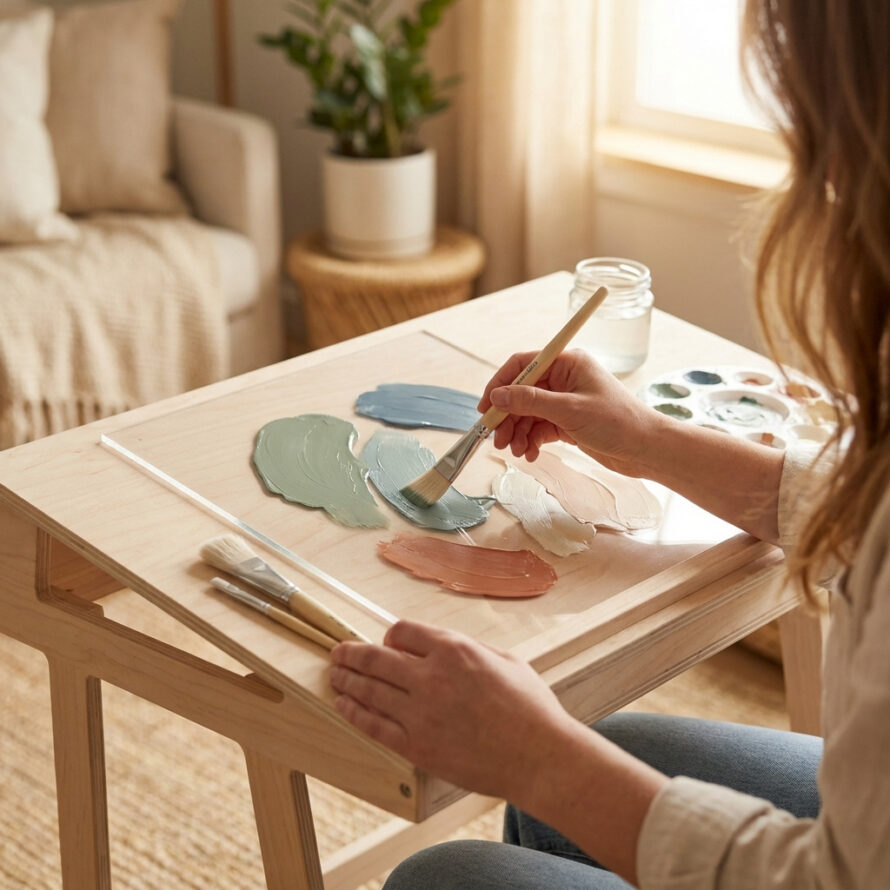 Geverfde plexiglas plaat tijdens het drogen op een houten werktafel