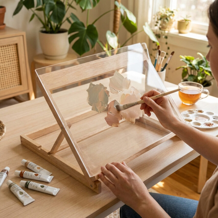 Aanbrengen van verf op een plexiglas plaat in een huiselijke werkruimte