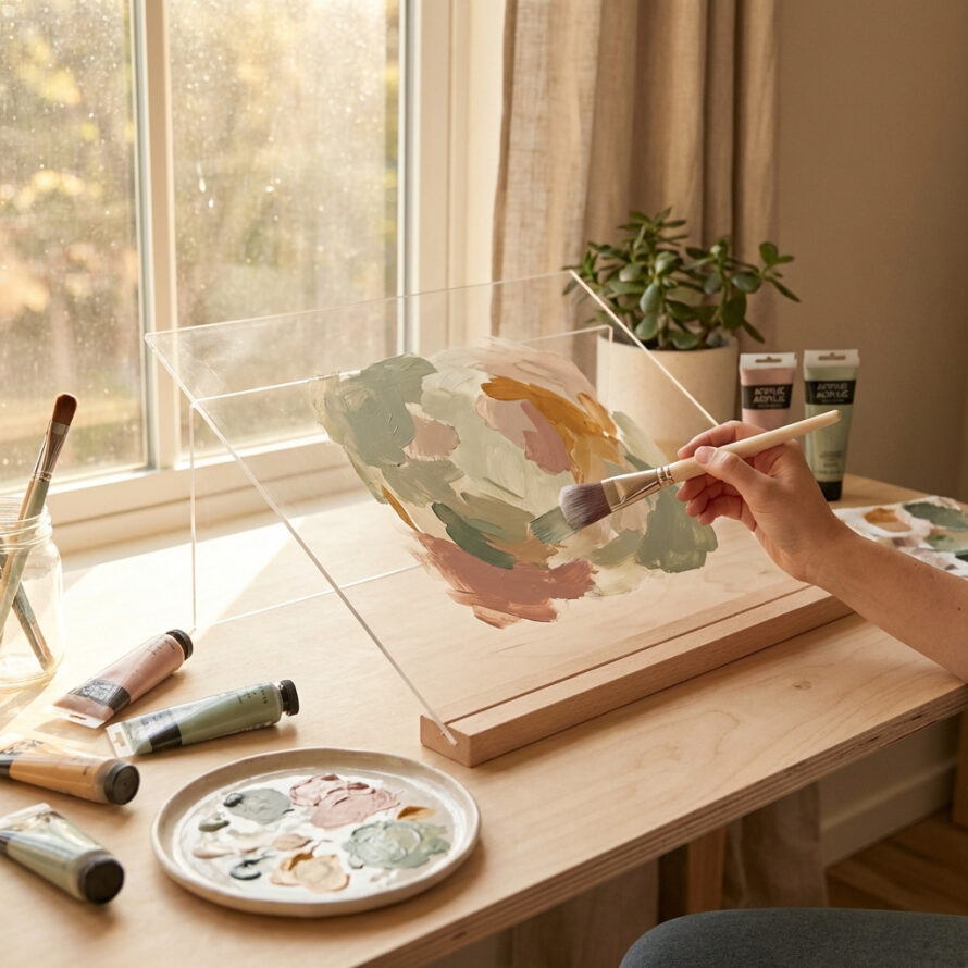 Creatief eindresultaat van beschilderd plexiglas op een werktafel