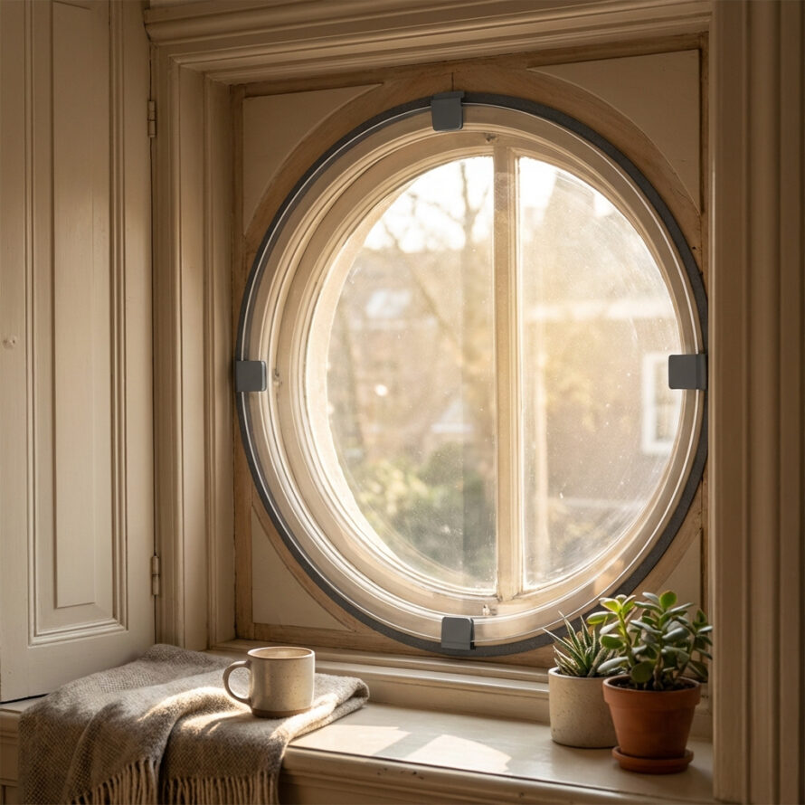 Rond plexiglas voorzetraam dat zorgt voor extra isolatie bij bestaande ramen.