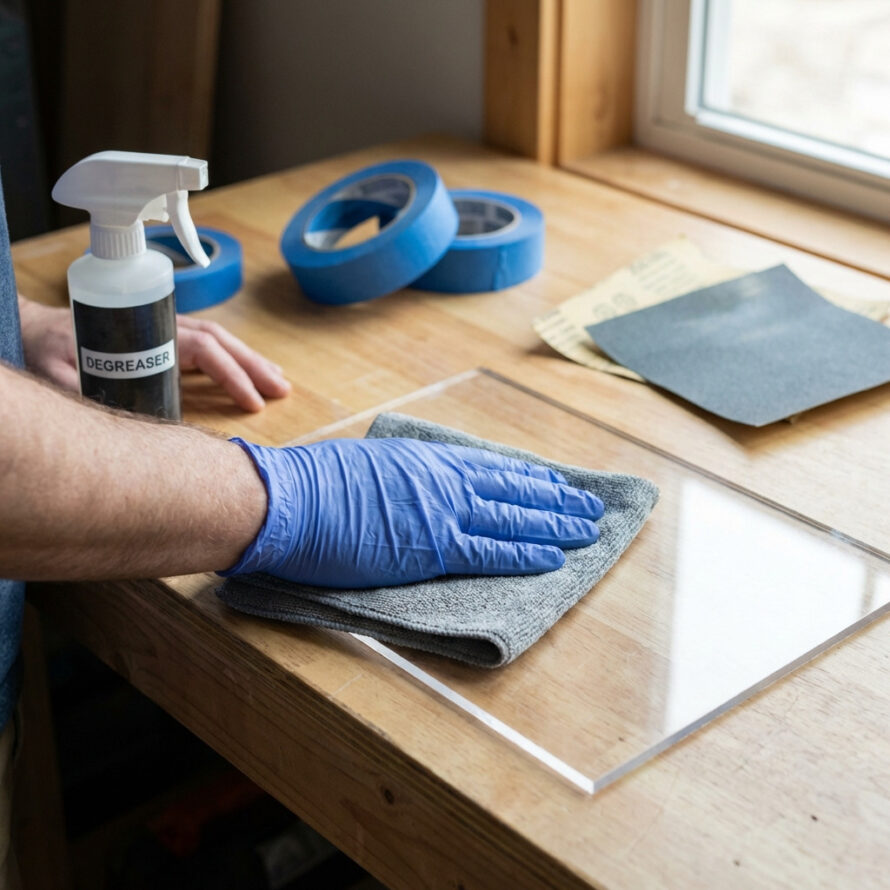 Plexiglas plaat zorgvuldig reinigen met doek en reinigingsmiddel