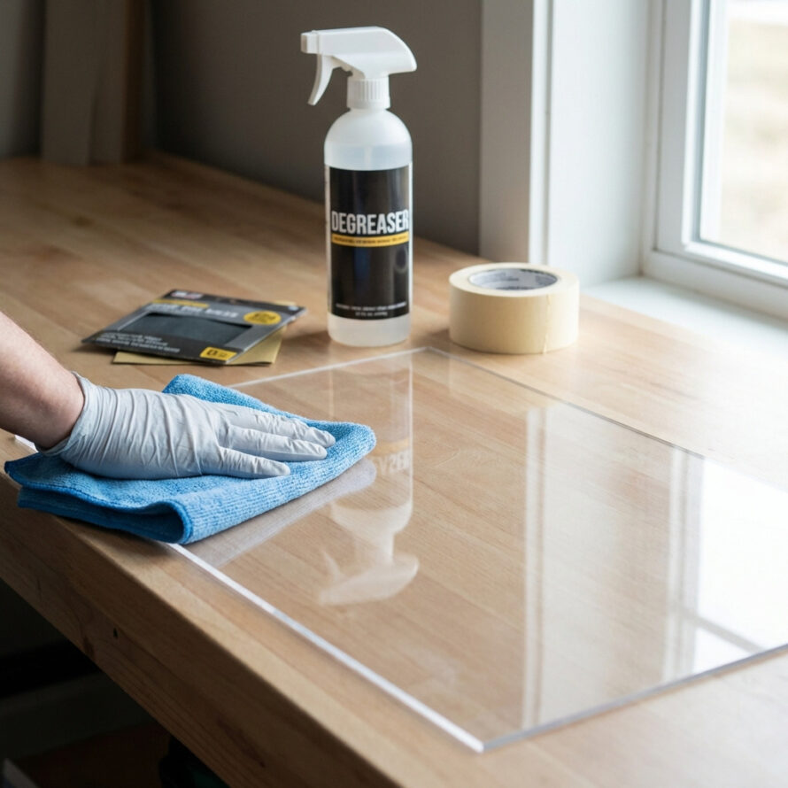 Schoonmaken van plexiglas met ontvetter ter voorbereiding op verven