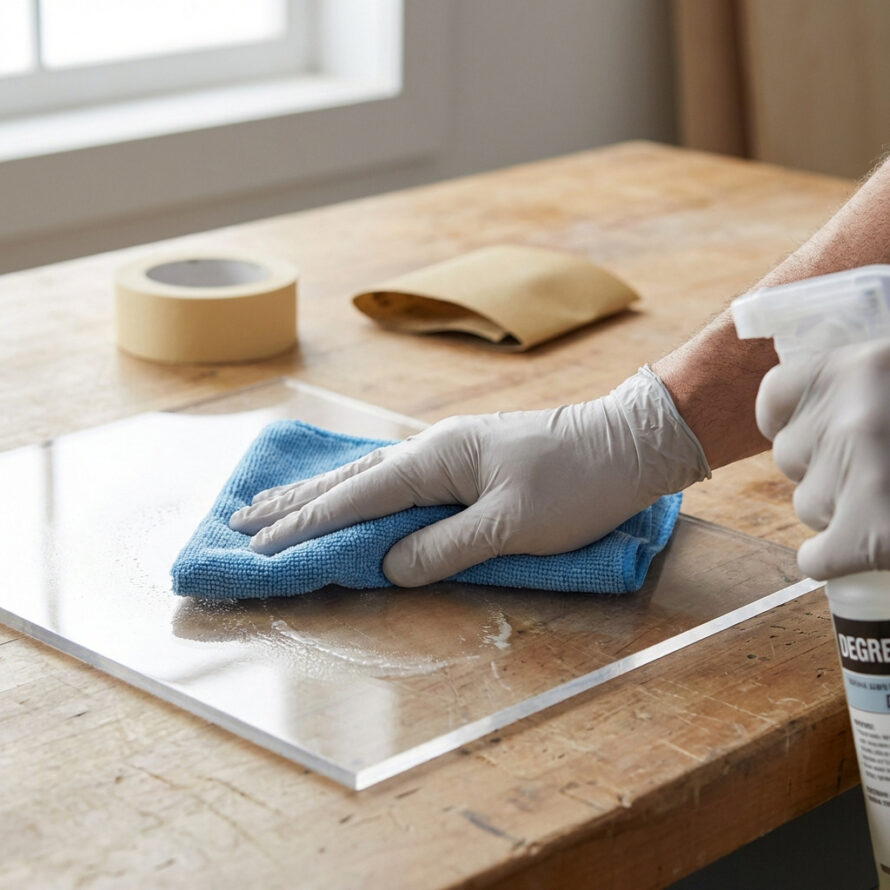 Plexiglas plaat wordt ontvet met handschoenen en een microvezeldoek