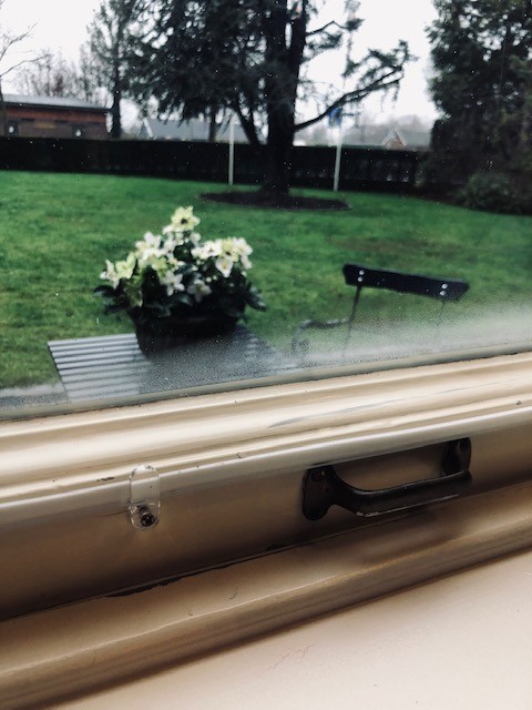 Vensterbank met mat plexiglas raam en uitzicht op tuin