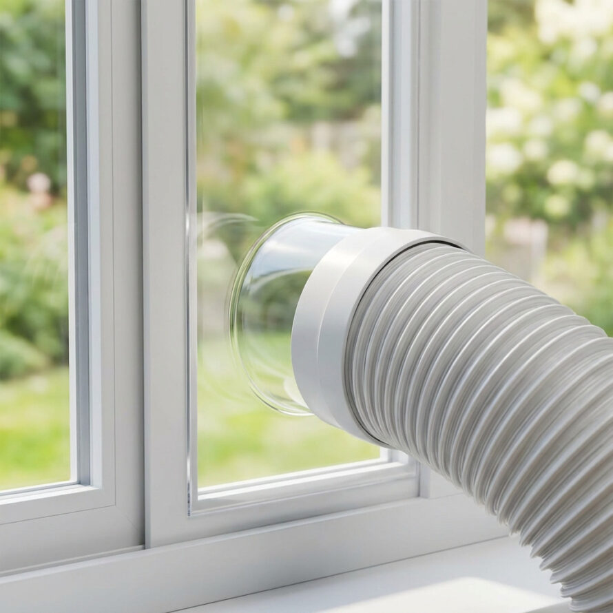 Detail van de afvoerslang van een mobiele airco die door een plexiglas raamafdichting in een kiepraam is geplaatst.