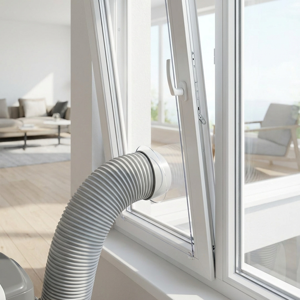 Mobiele airco aangesloten op een kiepraam met plexiglas raamafdichting, waarbij de afvoerslang netjes door het raam naar buiten loopt.