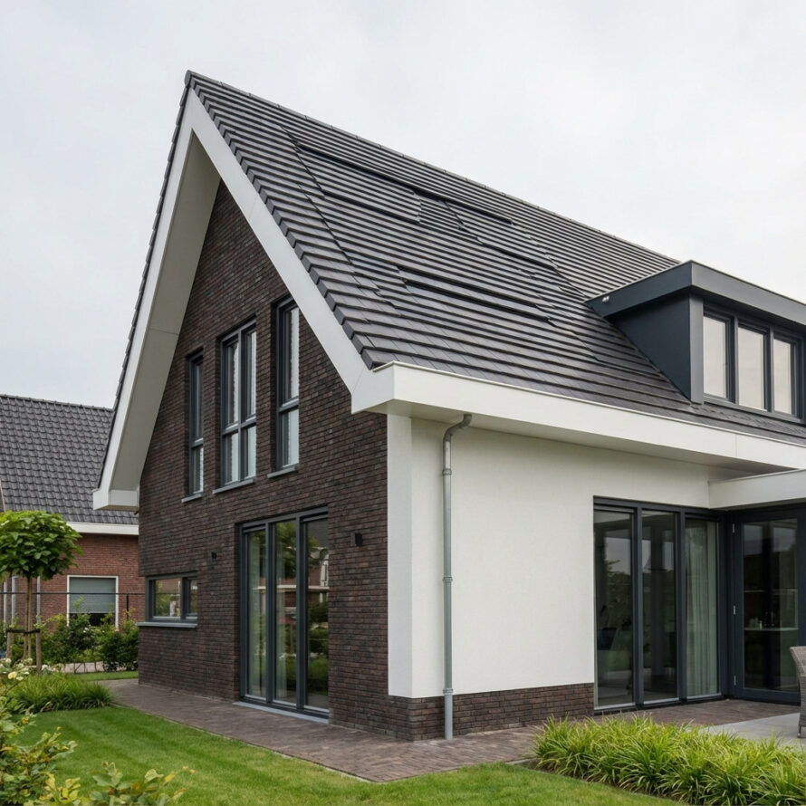 Kunststof windveren gecombineerd met donkere dakpannen en lichte gevel