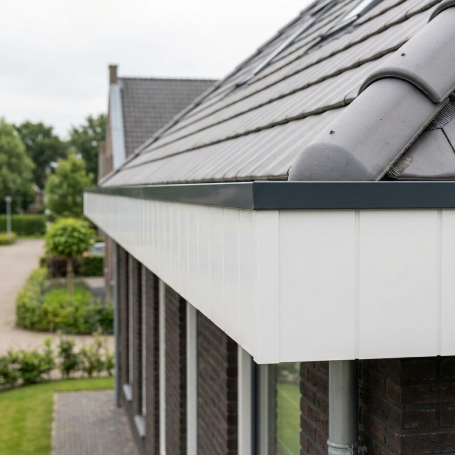 Strakke kunststof windveren langs dakrand van moderne vrijstaande woning