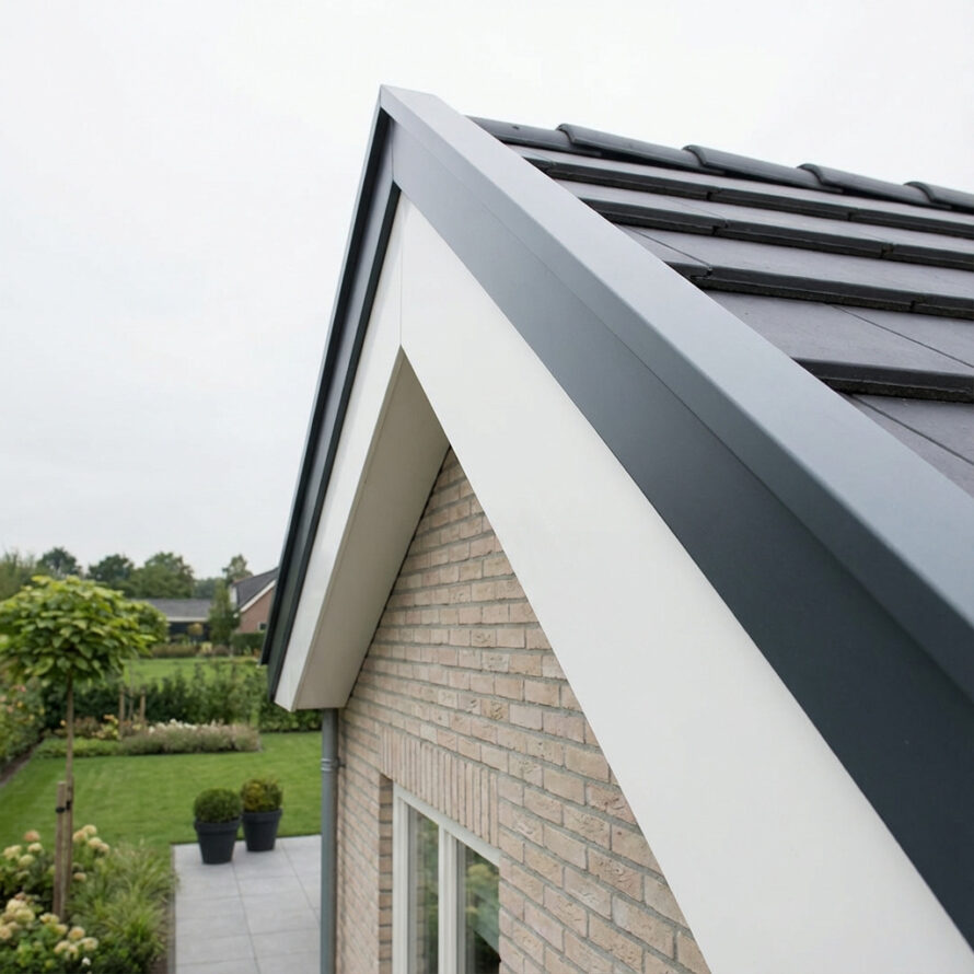 Moderne woning met witte kunststof windveren langs de dakrand en antraciet dakpannen