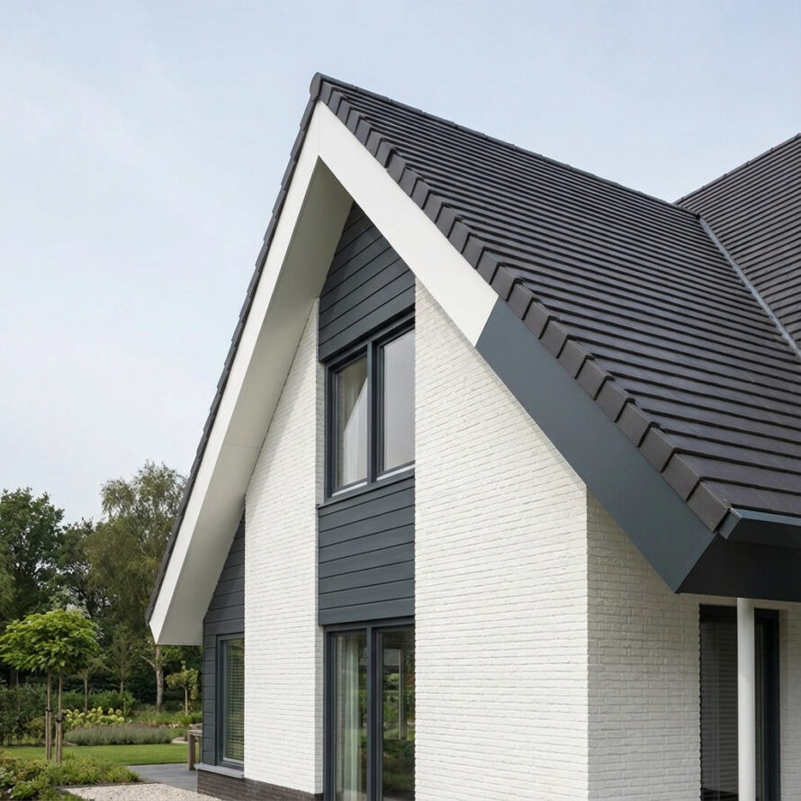 Kunststof windveren aan schuin dak van moderne woning met donkere dakpannen