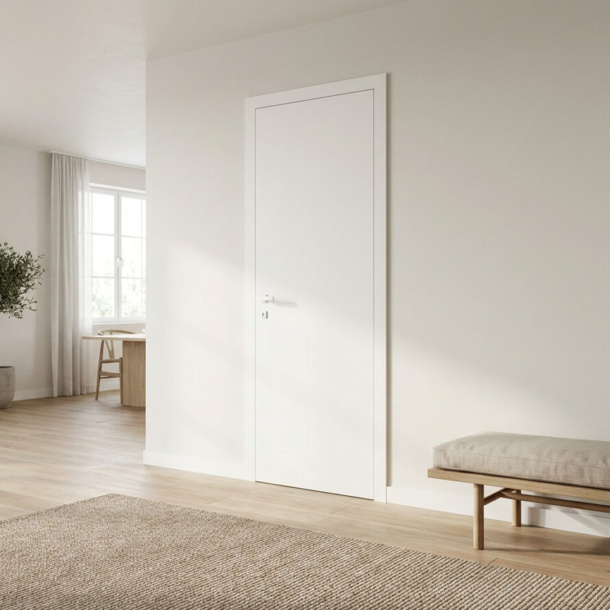 Witte HPL binnendeur in modern interieur met lichte wanden en natuurlijke lichtinval