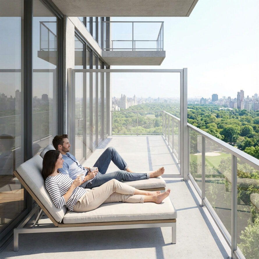 Strak vormgegeven balkon met transparant kunststof hek en stedelijk uitzicht