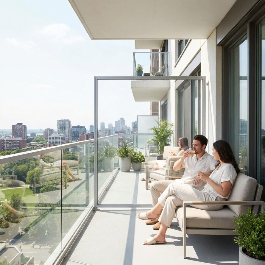 Ruim appartementbalkon met kunststof balustrade en zitmeubilair
