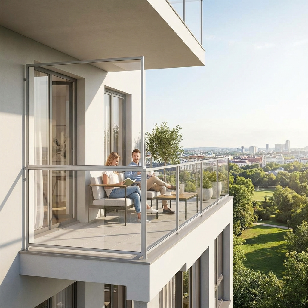 Hooggelegen balkon met kunststof balkonafscheiding en comfortabele loungeset