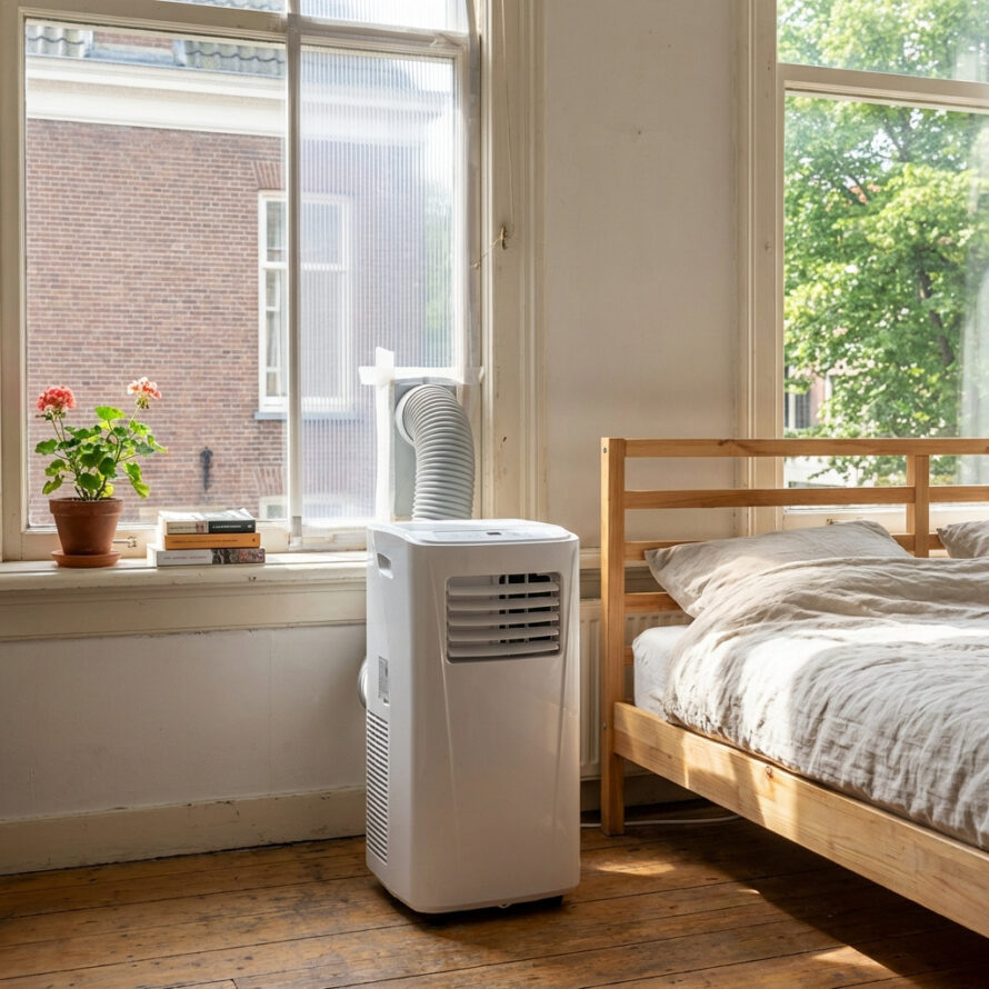 Mobiele airco in een slaapkamer bij het raam tijdens warme zomerdag
