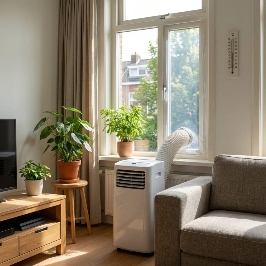 Mobiele airco naast het raam in een slaapkamer met daglicht