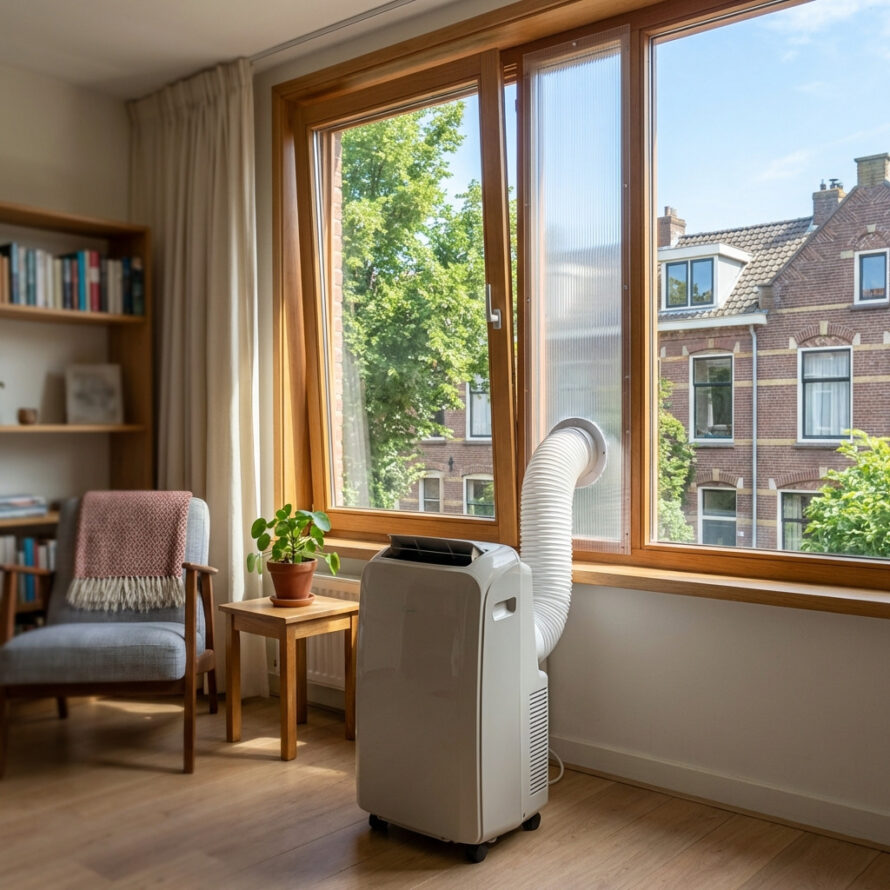 Mobiele airco geplaatst voor een raam in een eenvoudige Nederlandse woonkamer