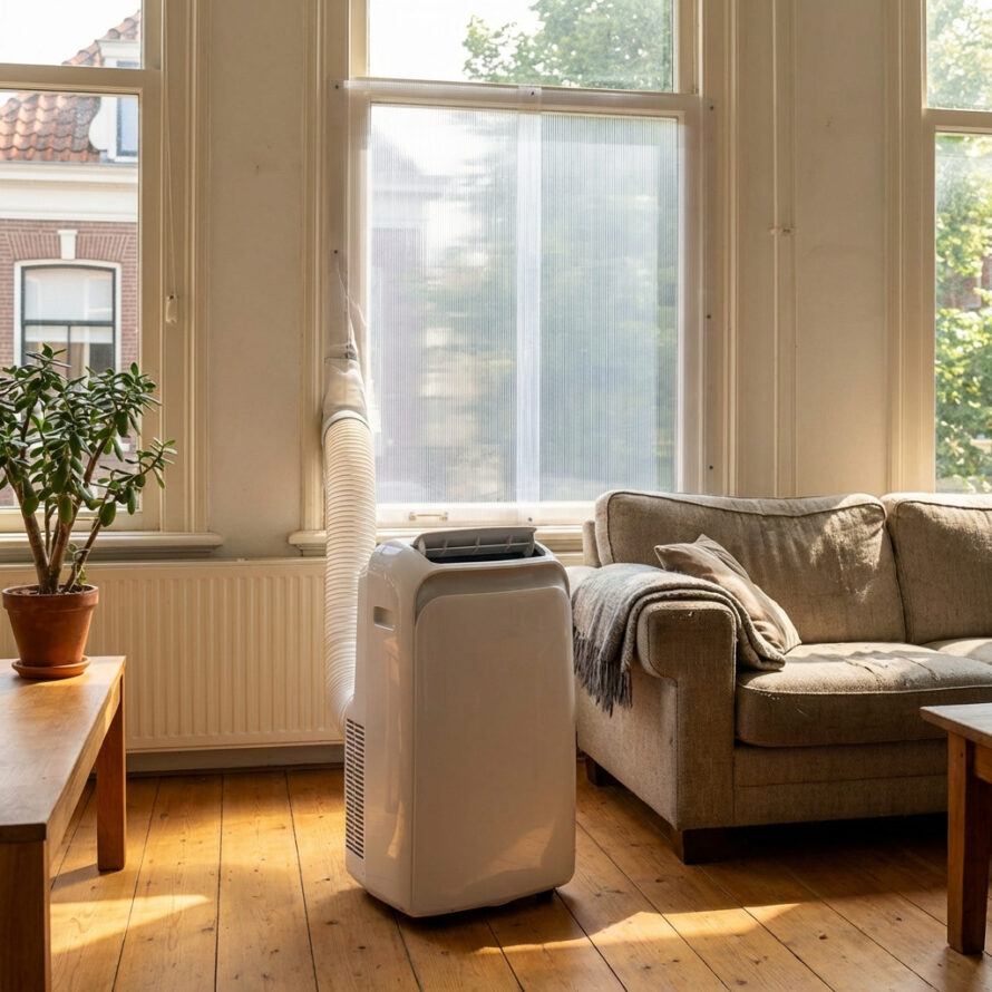 Mobiele airco bij een raam in een Nederlandse woonkamer op een zomerse dag