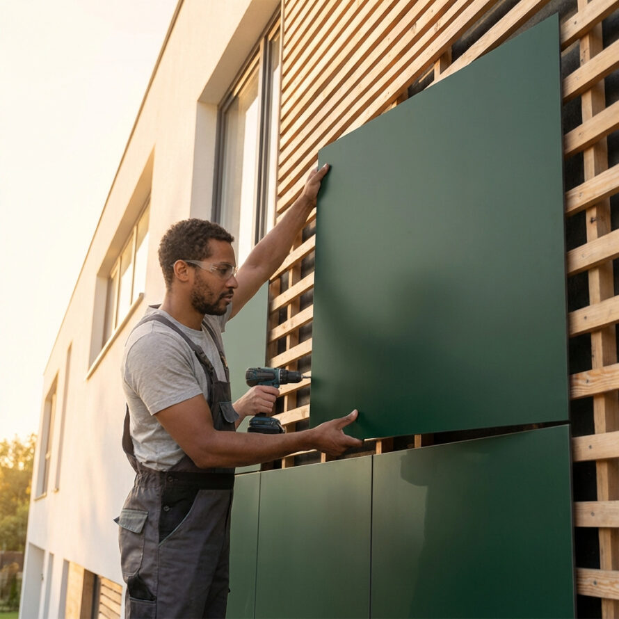 Man plaatst grote HPL plaat tegen een gevel met houten lattenstructuur