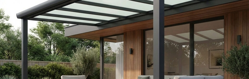 Houten overkapping met polycarbonaat dakplaten bij een eengezinswoning, lichte en natuurlijke uitstraling.