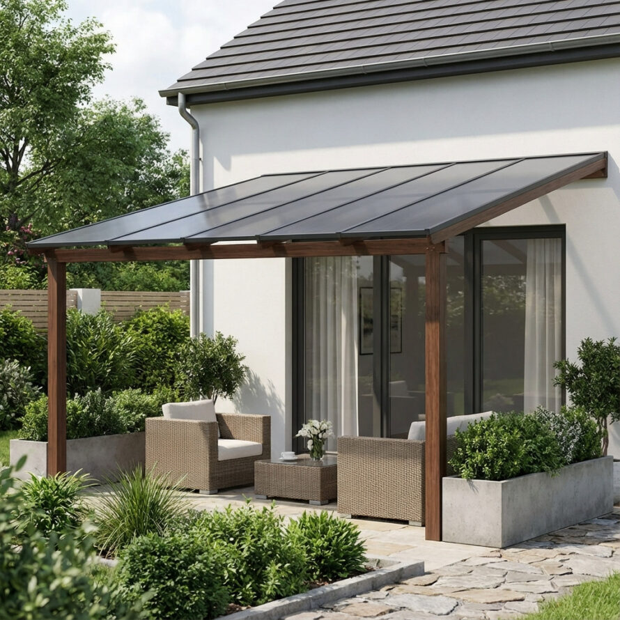 Strakke aluminium overkapping met helder polycarbonaat dak en moderne tuinmeubelen.