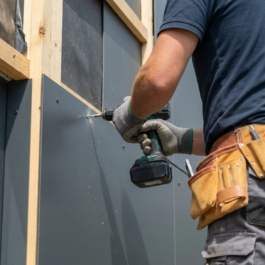 Persoon monteert HPL gevelplaat met boormachine op houten regelwerk