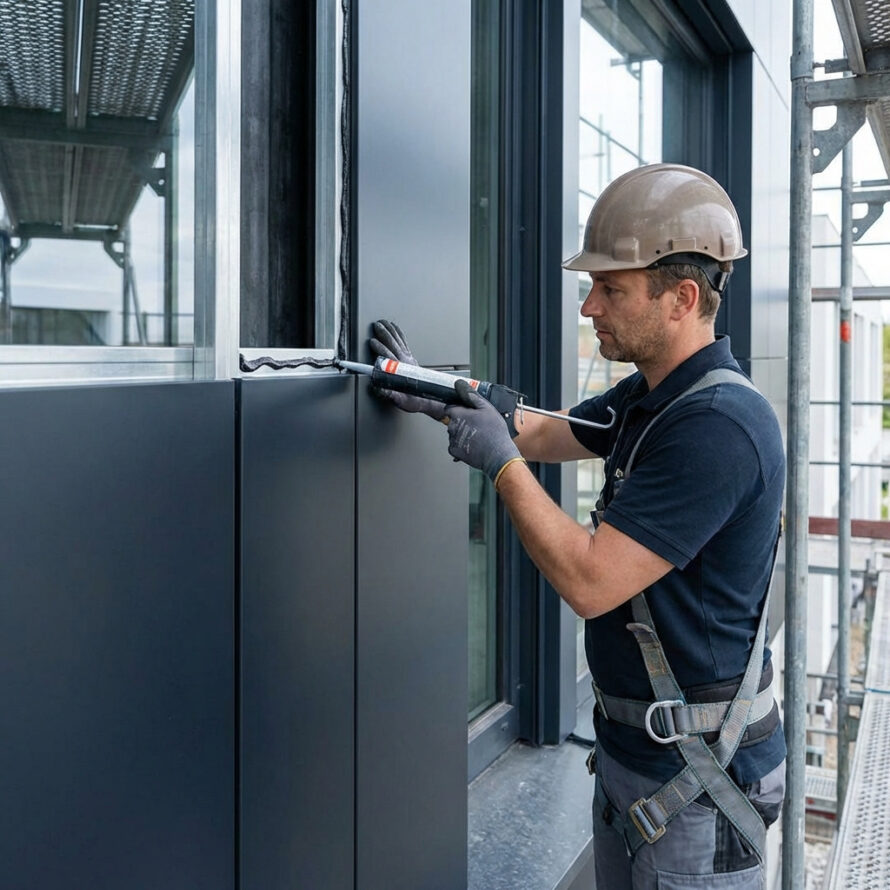 Vakman monteert grote HPL panelen op een gevel met professioneel gereedschap.