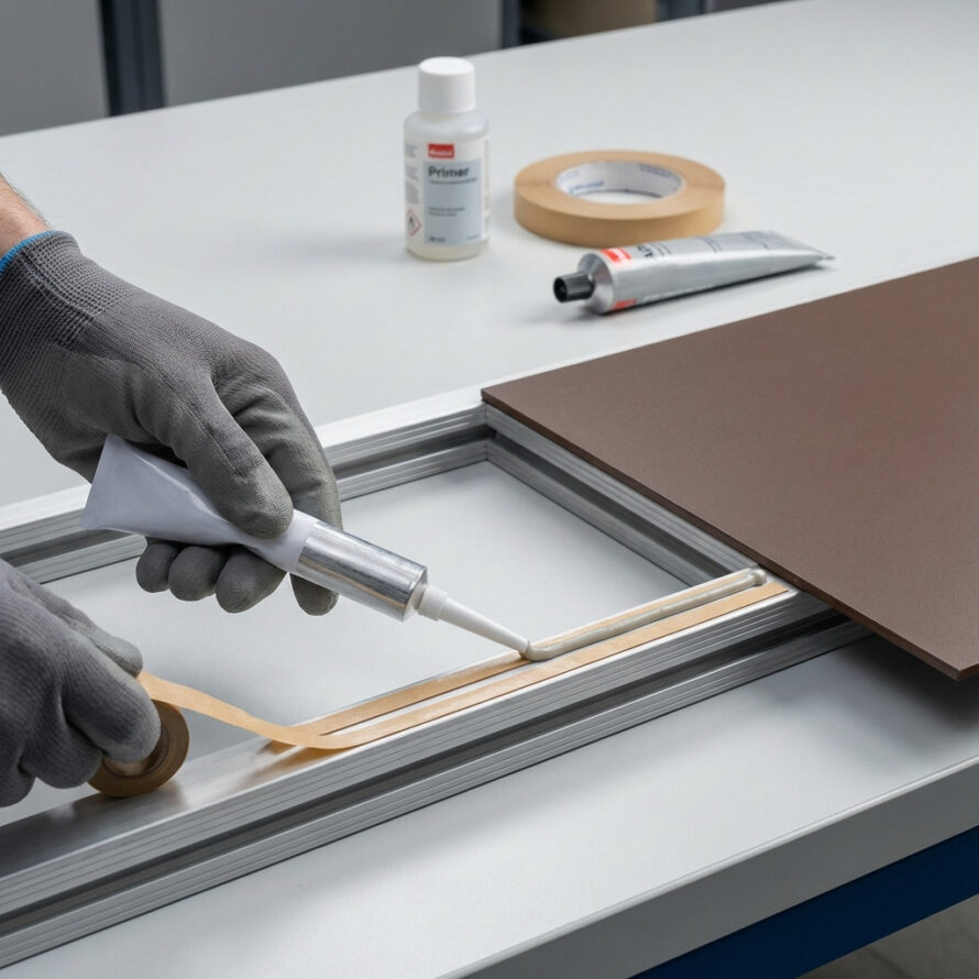 Nauwkeurig bewerken en op maat snijden van een HPL plaat op een werkbank.