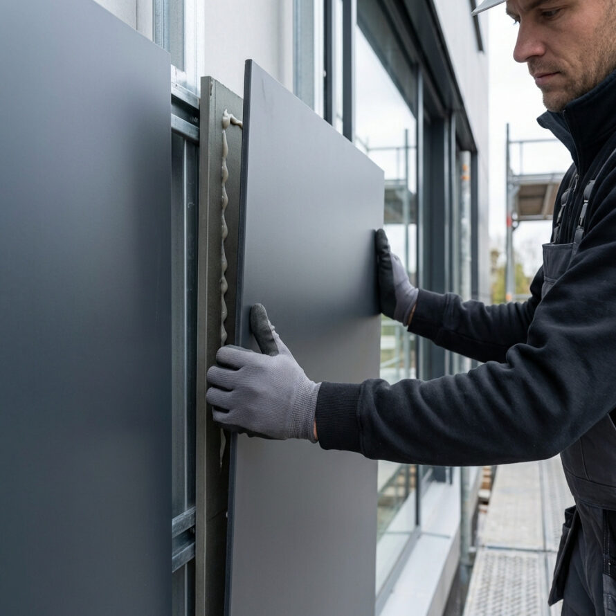Monteur plaatst een HPL gevelpaneel op een buitengevel.