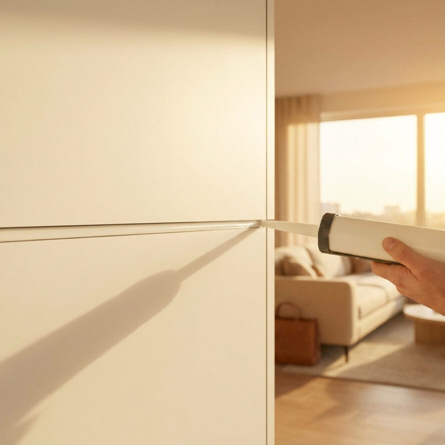 Detail van een kitnaad tussen lichte wandpanelen en het aanbrengen van kit met een kitpistool in een moderne badkamer.