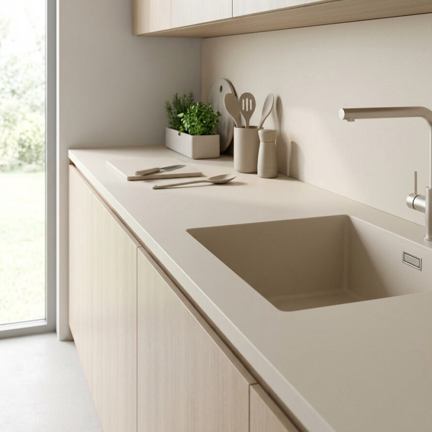 Close-up van kunststof HPL keukenblad met glad oppervlak.