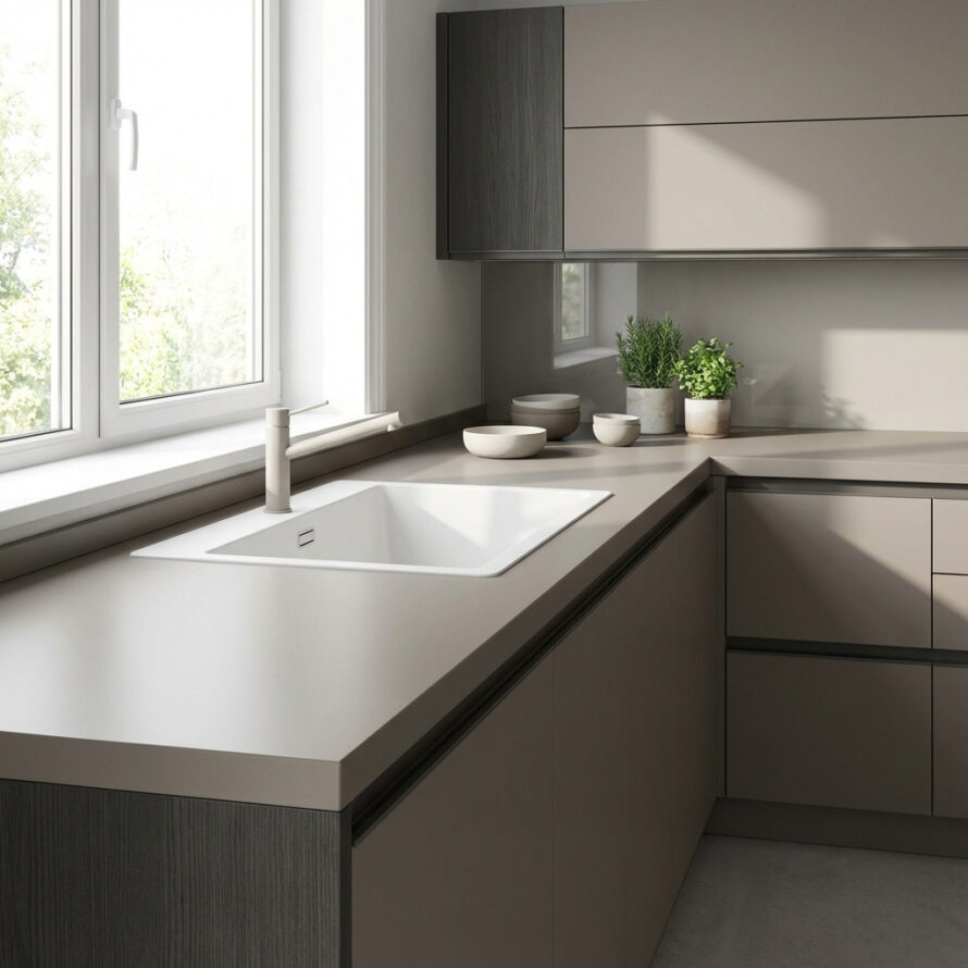 Kunststof keukenblad geschikt voor dagelijks gebruik in de keuken.