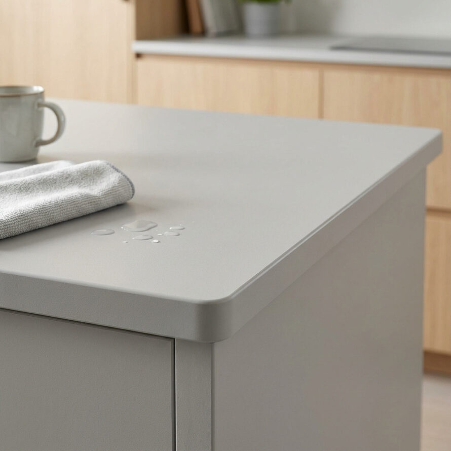 Close-up van kunststof HPL keukenblad met glad en egaal oppervlak.