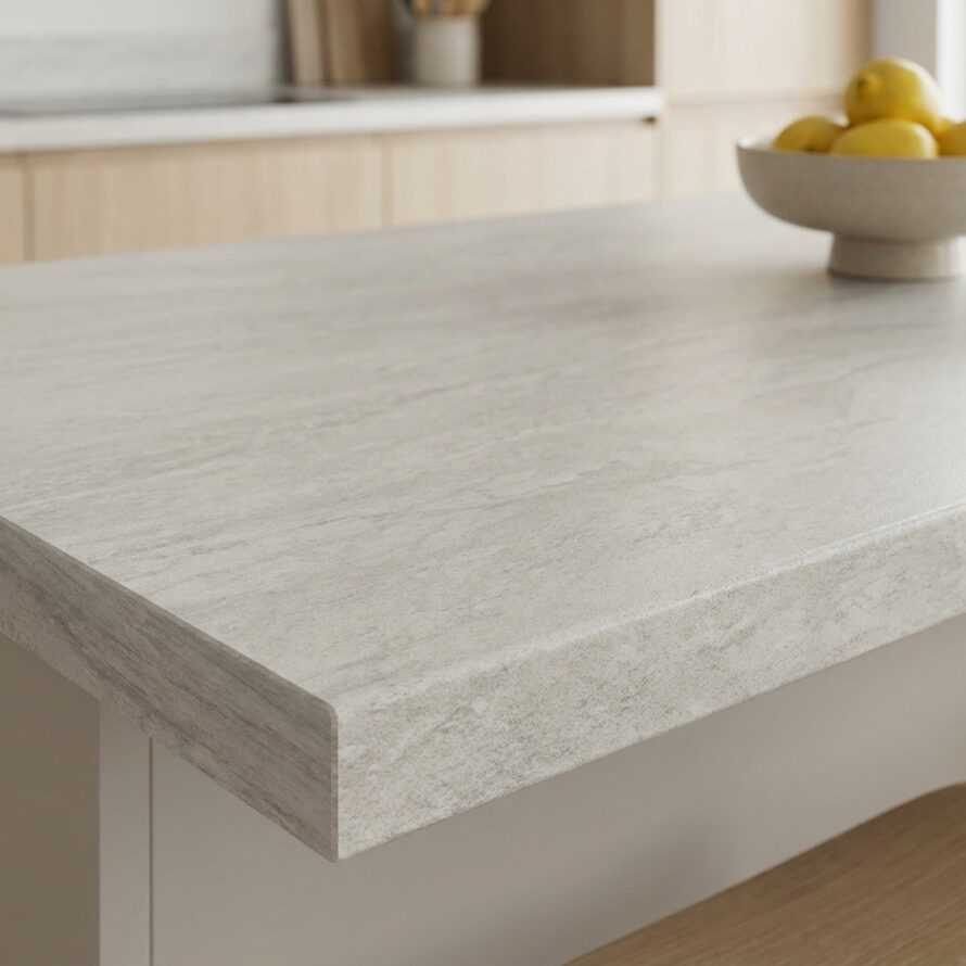 Close-up van kunststof keukenblad met moderne en egale uitstraling.