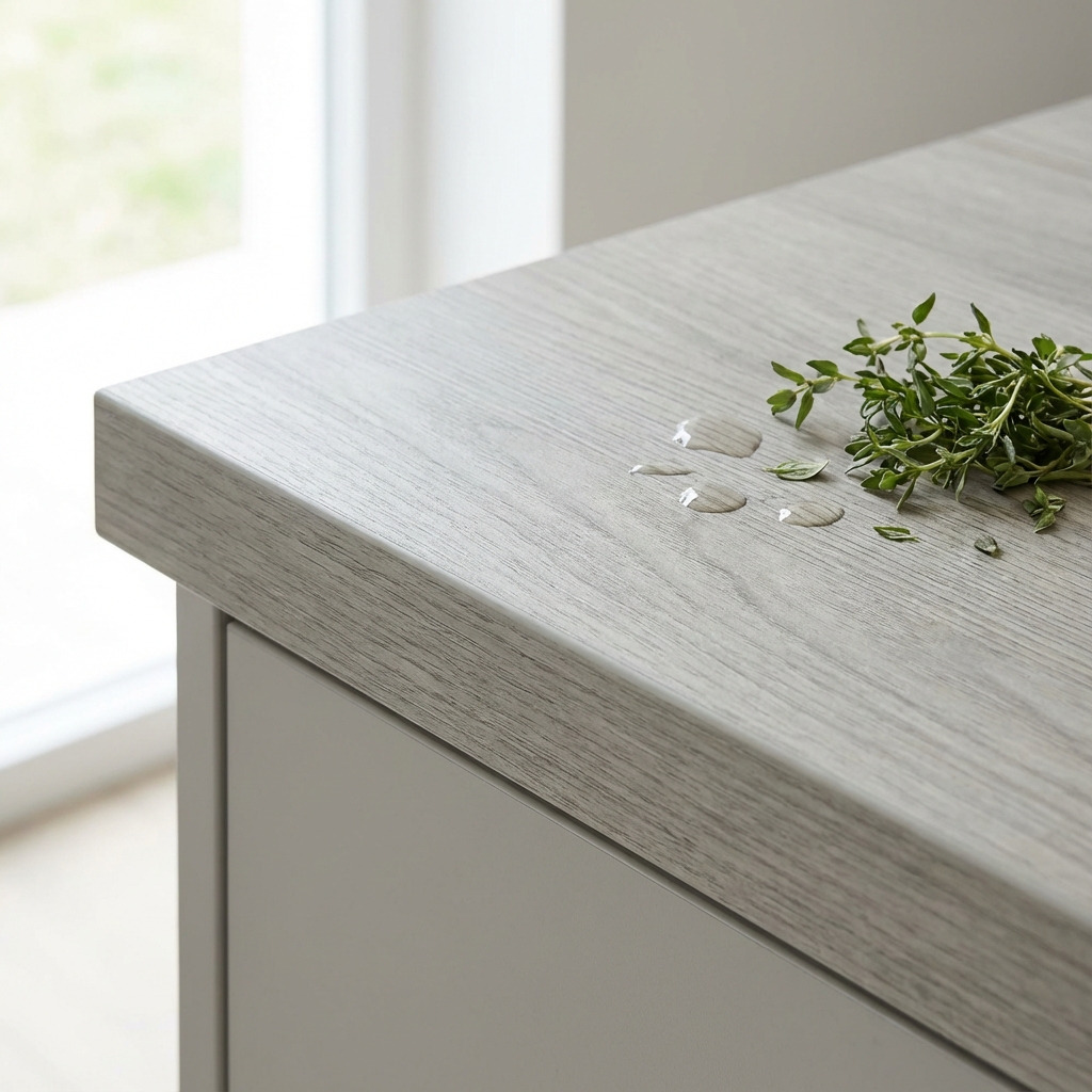 Detailbeeld van HPL keukenblad met strak en onderhoudsarm oppervlak.