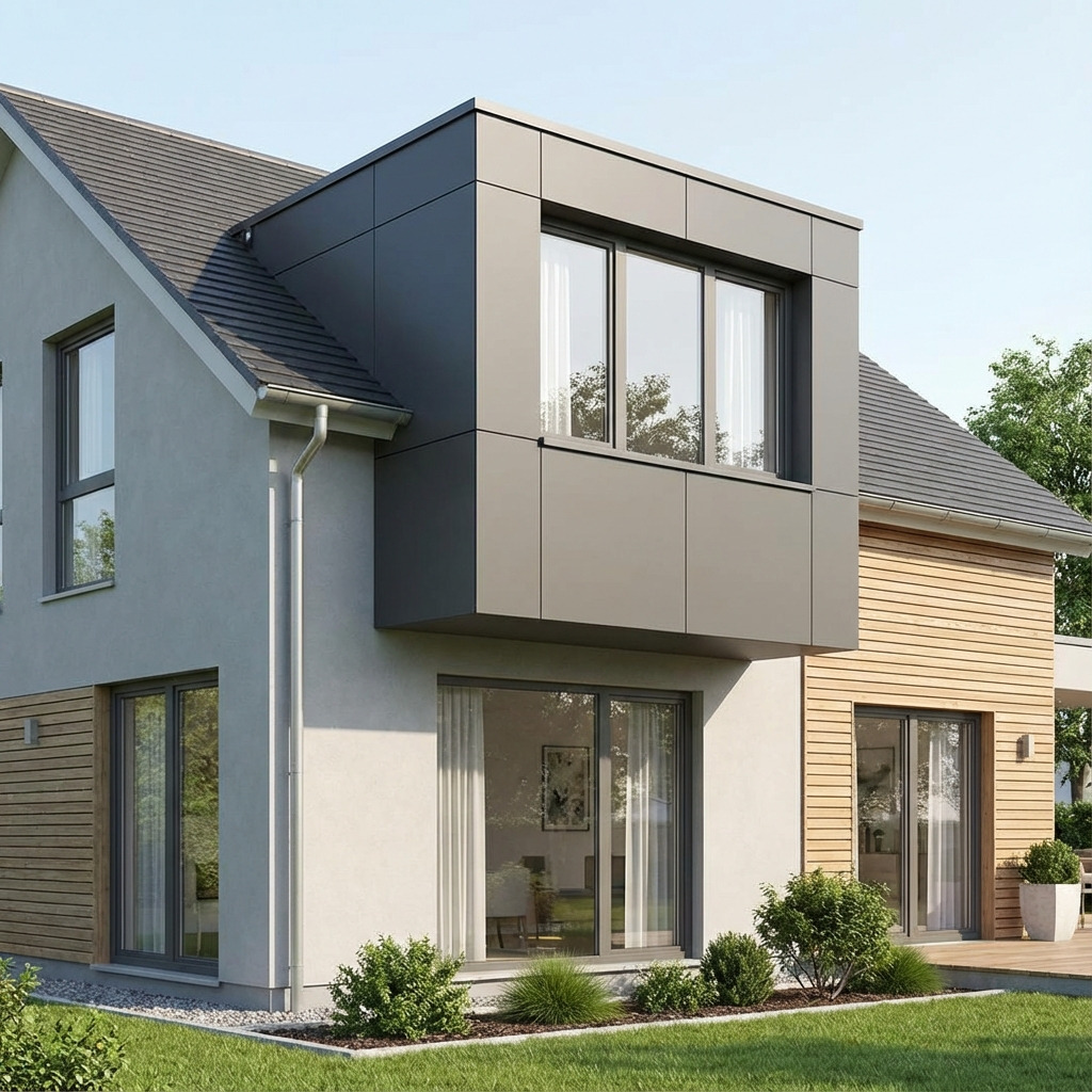 Moderne woning met een onderhoudsvrije kunststof dakkapel, afgewerkt met strakke aluminium composiet gevelplaten in antracietkleur.