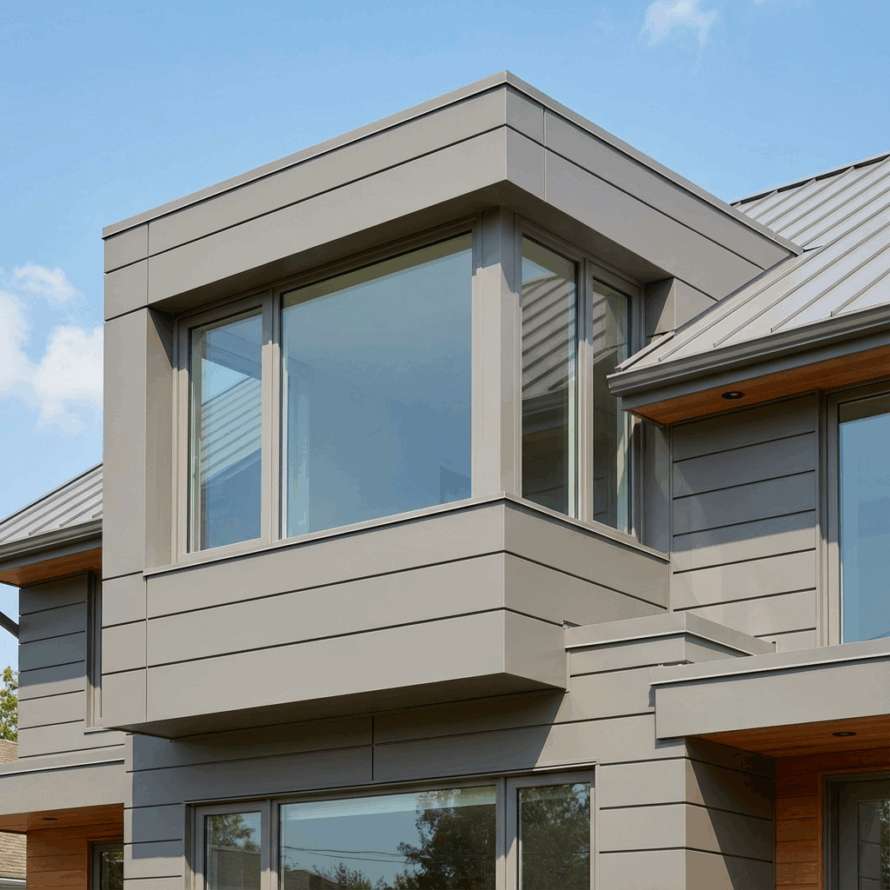 Kunststof dakkapel platen gemonteerd op het dak van een woning.