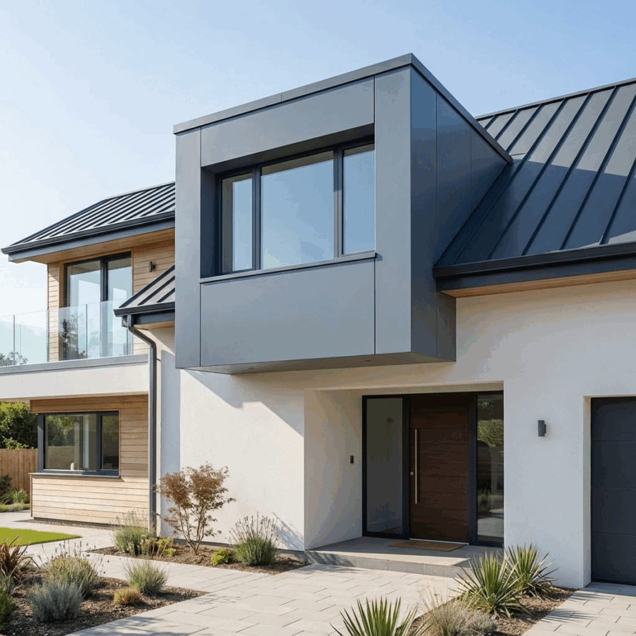 Detail van kunststof gevelplaat toegepast als bekleding van een dakkapel.