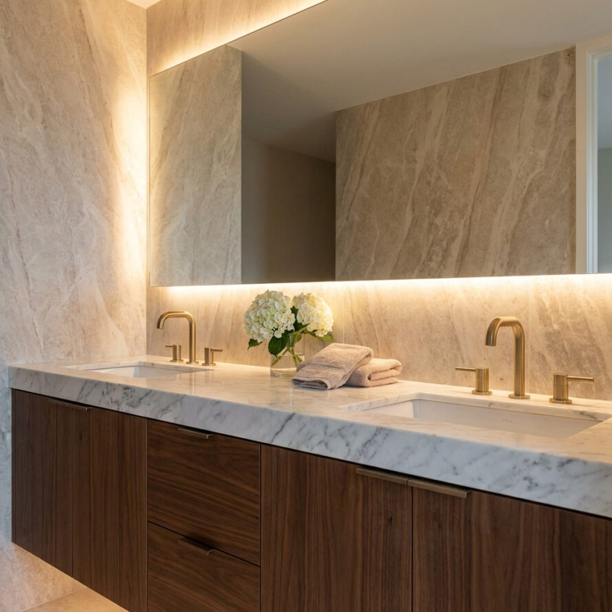 Kunststof wandpanelen met marmerlook toegepast in de douche.