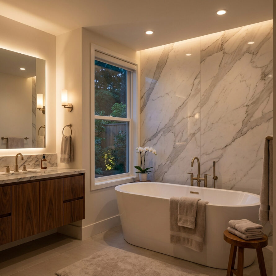 Detail van marmerlook badkamer paneel met natuurlijke adering.