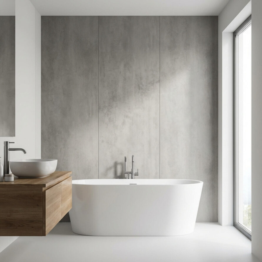 Badkamer met betonlook wandpanelen van kunststof achter vrijstaand bad.