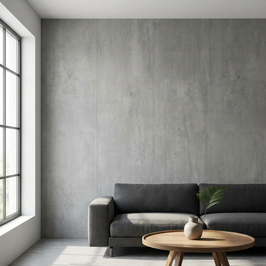 Betonlook muur van kunststof wandpanelen in minimalistische woonkamer.