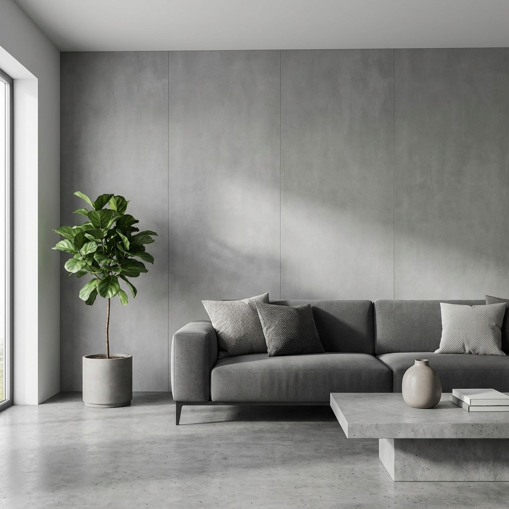 Industriële woonkamer met donkere betonlook wandpanelen van kunststof.