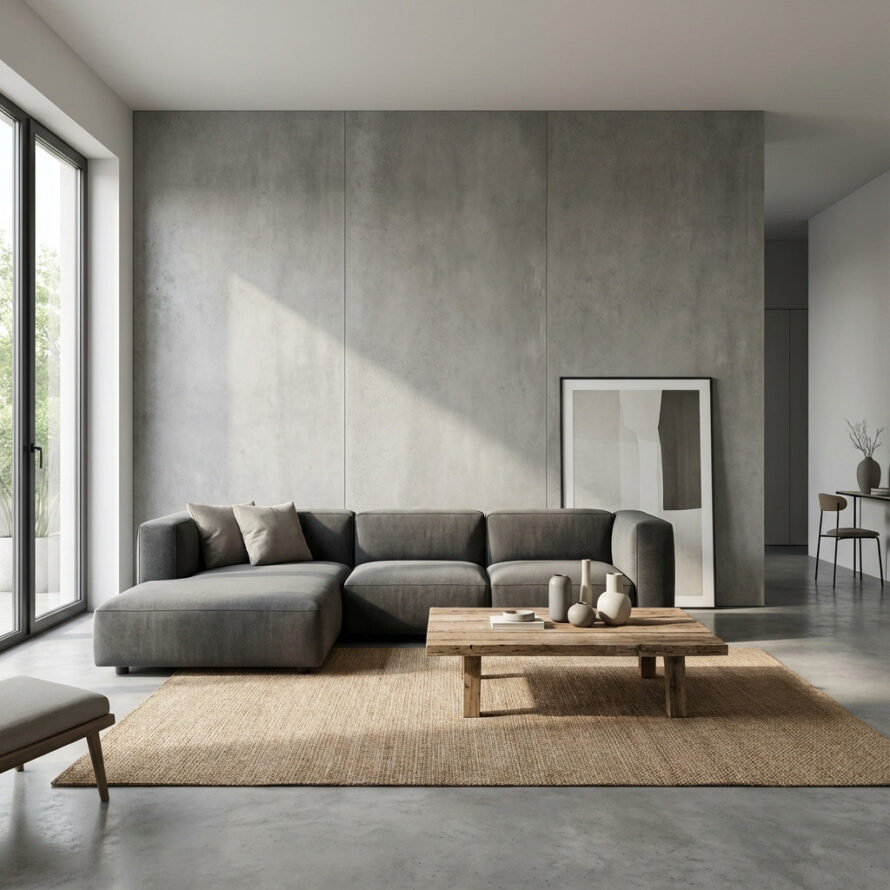 Lichte betonlook muur van kunststof wandpanelen in woonkamer.