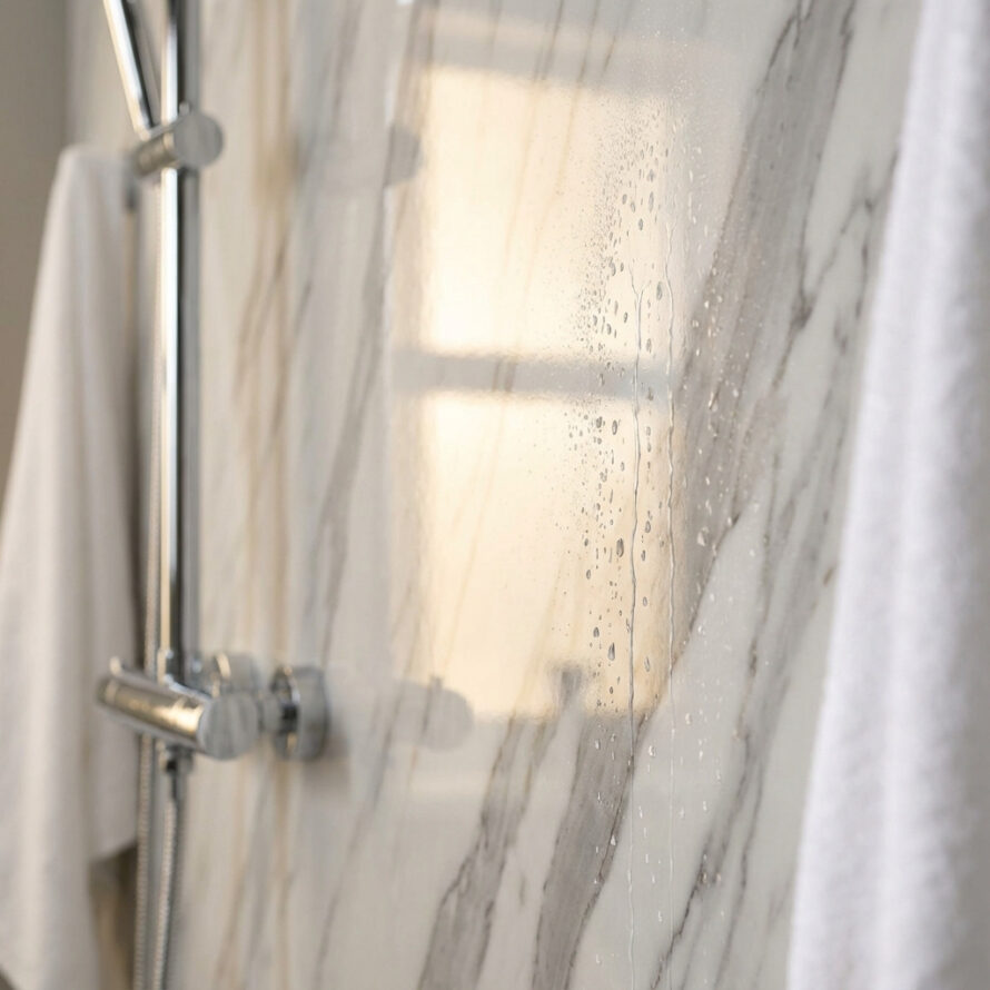 Luxe badkamerinterieur met kunststof marmerlook wandpanelen.