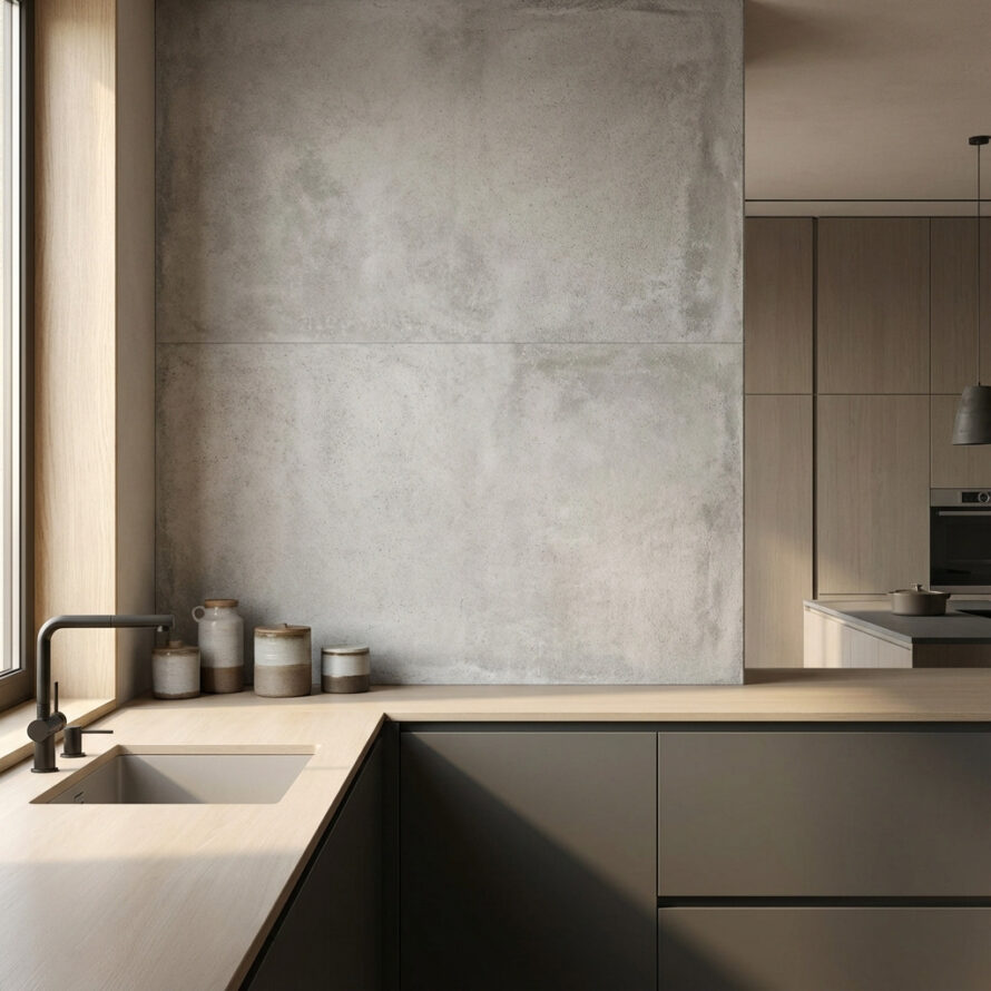 Kunststof betonlook wandpanelen als achterwand in moderne keuken.