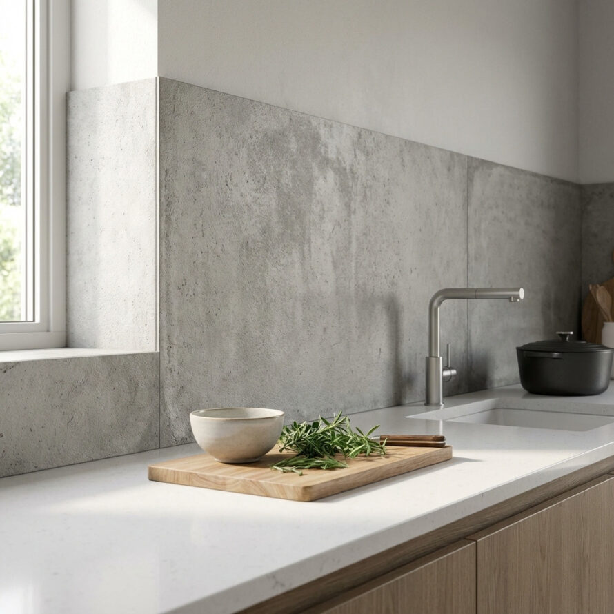 Betonlook wandpaneel van kunststof toegepast boven keukenblad.